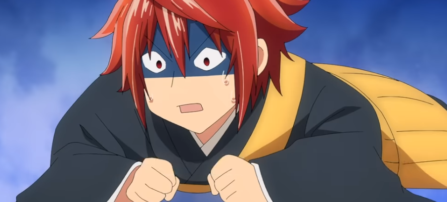 the image shows an anime boy with red hair and a blue eye mask. he is wearing a black and yellow outfit. his expression is scared and confused. he looks like he is about to cry. the background is a blue and white blur.