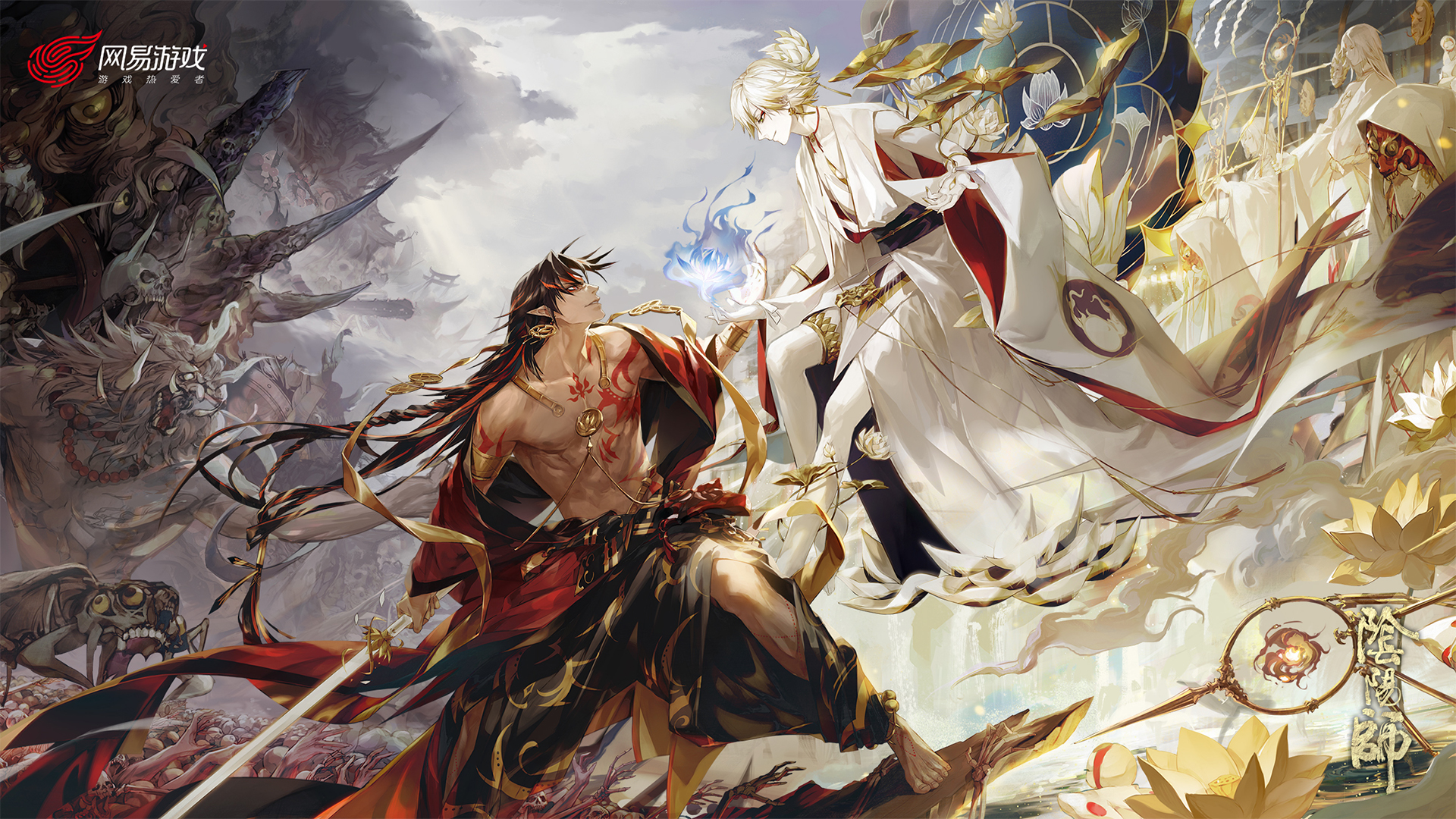 the image depicts a dynamic battle between two powerful figures: a demon and a god. the demon, clad in red and black armor, wielding a katana, stands on a field of battle littered with the remains of vanquished foes. he looks up at the god, a majestic figure draped in white robes, who hovers above him, surrounded by a field of golden lotuses. the god is radiating light, while the demon is enveloped in shadow, representing the eternal struggle between light and darkness, good and evil. the scene is filled with intense energy, with the demon's sword outstretched and the god's hand raised in a gesture of power. the contrasting colors and dynamic poses emphasize the power and intensity of the battle. the background is filled with intricate details, suggesting a vast and complex world of mythology and legend. the overall composition is masterful, drawing the viewer's eye to the center of the battle and creating a sense of awe and wonder.this image is a striking visual representation of the eternal struggle between good and evil, and a testament to the power of art to capture the essence of mythology and legend. it is a captivating and thoughtprovoking piece that is sure to leave a lasting impression on the viewer.