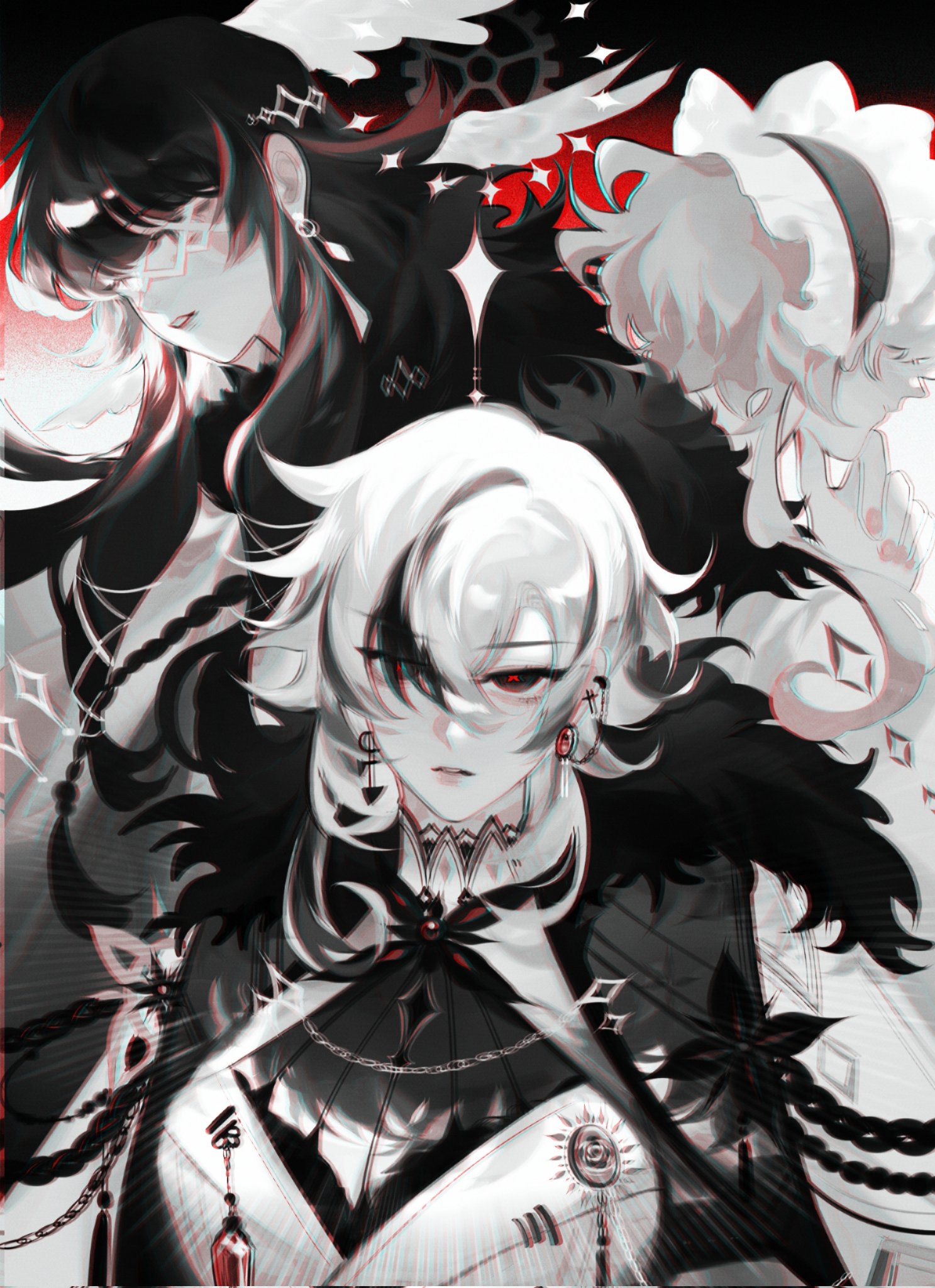 he image is a stylized digital drawing or painting featuring three animestyle girls. the artwork uses a predominantly black and white color scheme with splashes of red, creating a dark and mysterious aesthetic. the girls are layered and overlapping, with the central figure being most prominent.  they appear elegant and possibly magical, wearing dark and intricate clothing adorned with chains and other details. a glitch effect is subtly applied, adding to the overall otherworldly feel. the style is highly detailed and intricate, focusing on the characters' expressions and clothing.
