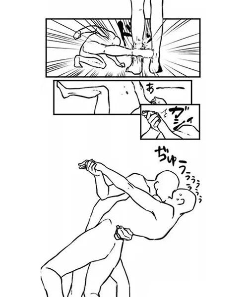 this is a manga comic panel that depicts a fight scene between two men. the first panel shows the man on the right side, who is taller, delivering a powerful kick to the man on the left side, who is crouching down. the impact sends the smaller man flying backwards. the second panel shows the smaller man getting up and staring ahead, while the taller man is standing still. the final panel shows the two men locked in a grapple with the taller man holding the smaller man in a tight hold. this scene is full of dynamic action and strong expressions. the use of sound effects and text boxes adds to the visual storytelling of the comic. the panel is drawn in a black and white style with bold lines and clear details. this is a classic example of a manga style fight scene that is both exciting and expressive.