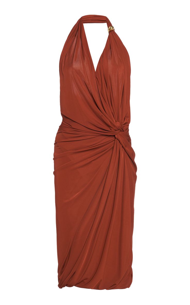 a red sleeveless halter dress with a knotted front. the dress is made of a silky, draped material and is very elegant. it is perfect for a summer evening party or cocktail event.