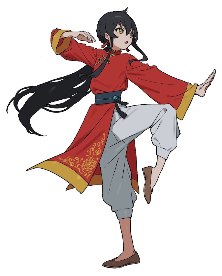 the image depicts an anime girl in a traditional chinese martial arts outfit. she is wearing a red and yellow longsleeved shirt with a white and grey pants and black shoes. her long black hair is pulled back in a ponytail, and she has a serious expression on her face as she stands in a fighting stance.
