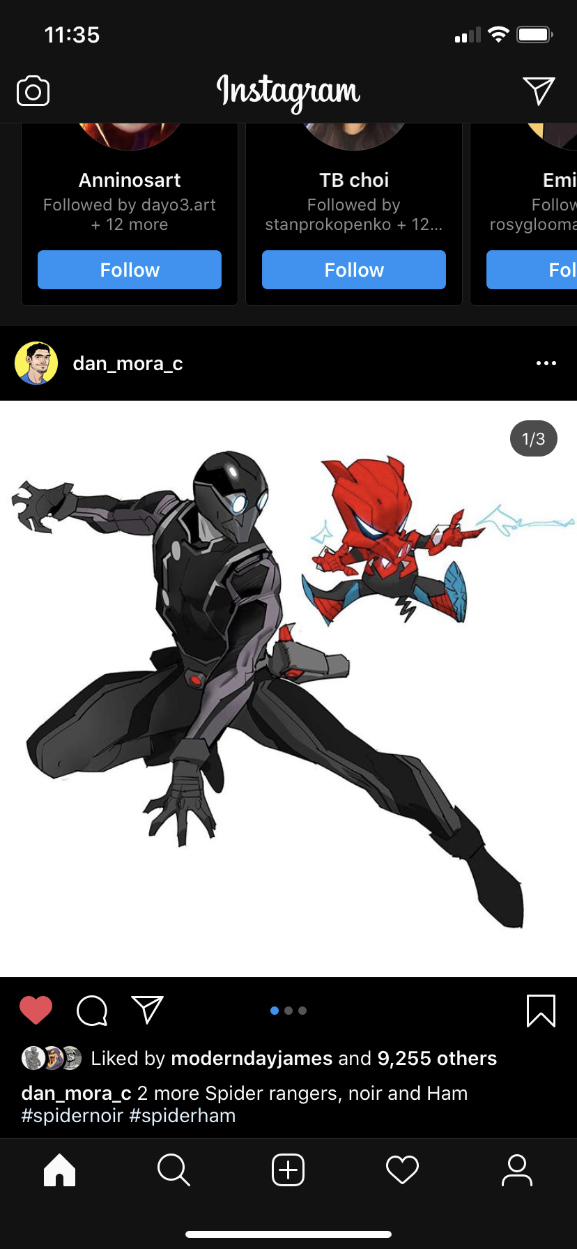 this is a screenshot of an instagram post by comic book artist dan mora, featuring his artwork of spiderman noir and a chibistyle spiderham. the caption indicates these are two more additions to a series of spiderranger drawings.