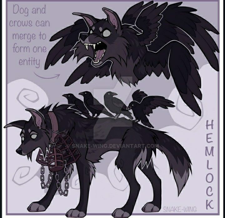 the image depicts a fantasy creature called hemlock, which is described as an entity formed by merging a dog and crows. the image shows a dark grey dog with a cagelike muzzle and chains. there are several crows perched on the dog's back. above the dog, there is another entity with the head of the dog and large crow wings, representing the merged form. the background is a light lavender color with swirling clouds. the word "hemlock" is written vertically on the right side of the image.