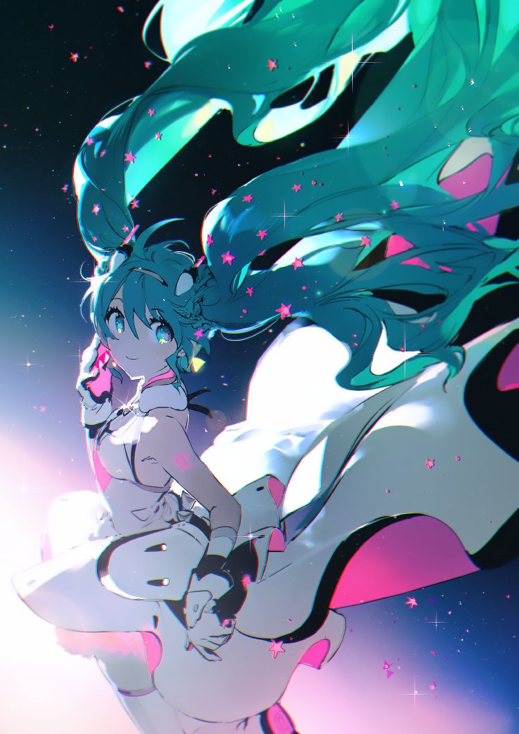 an animestyle illustration of hatsune miku, a female character with long teal twintails adorned with pink stars. she is wearing a futuristic white dress with pink accents. the character is depicted from a side view, looking towards the viewer. the background features a dark, starry sky.