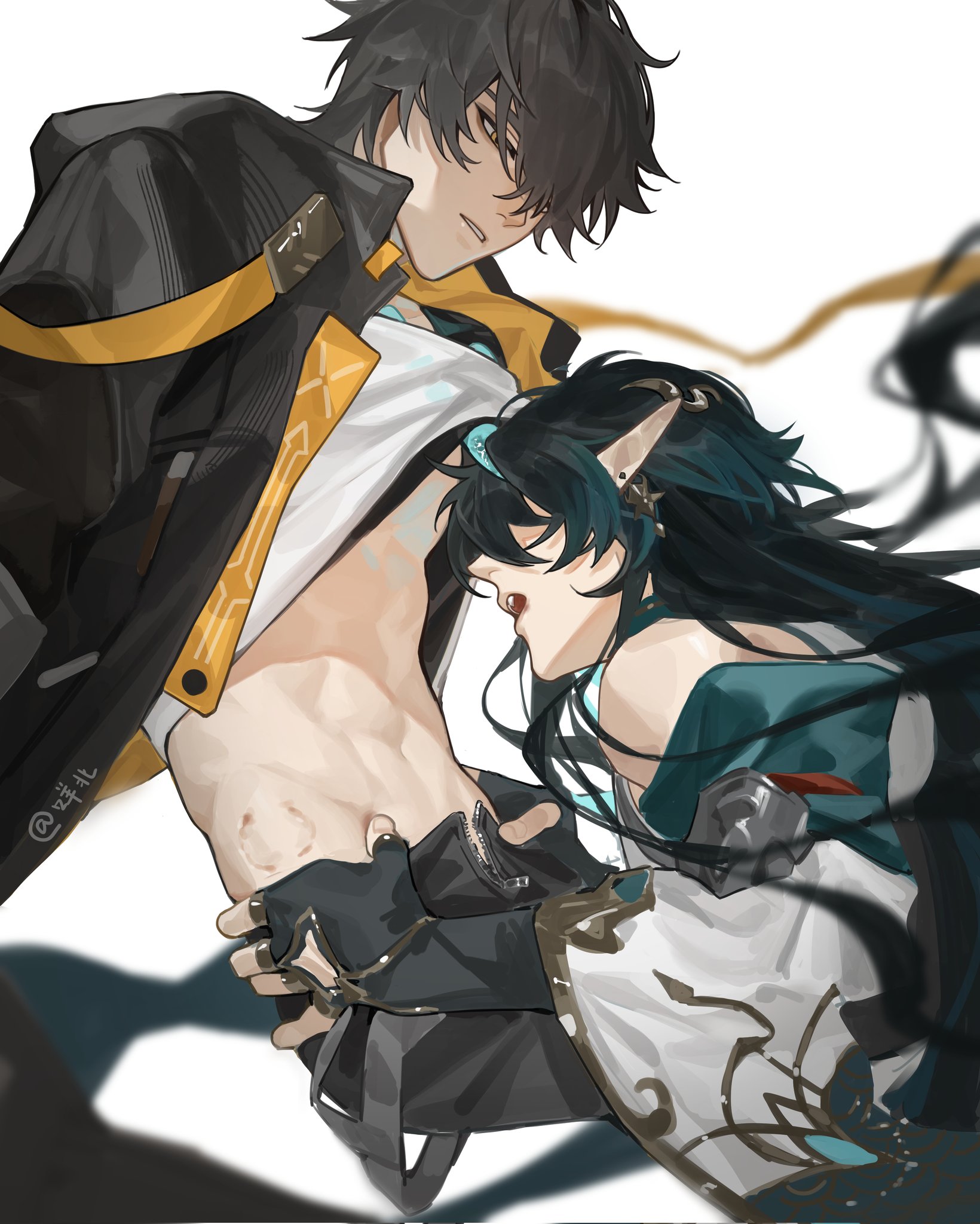this artwork showcases a romantic embrace between two anime characters. the