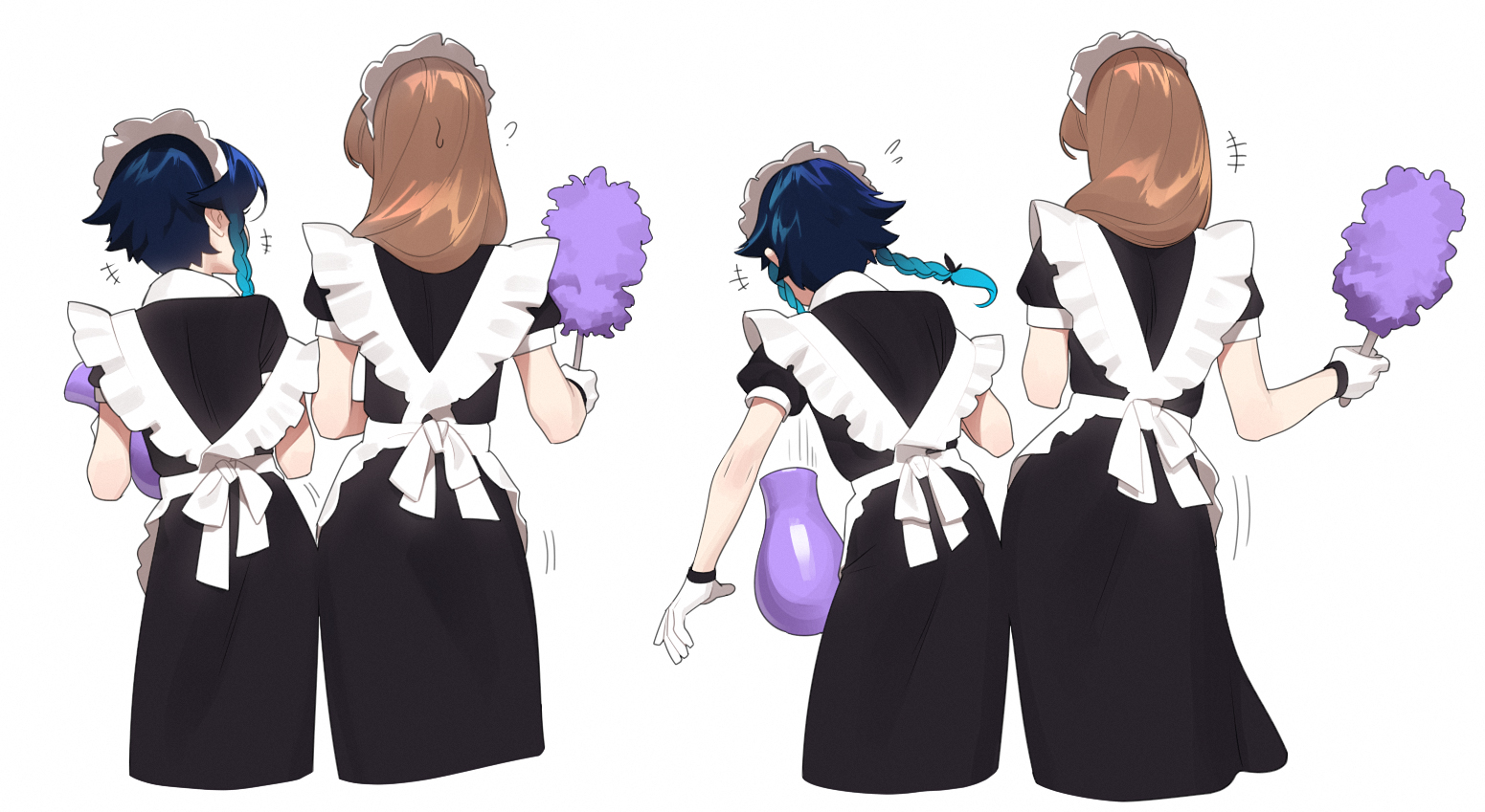 the image features two anime girls dressed in classic black and white maid outfits. both have their hair styled with elaborate twintails, one sporting blue hair and the other brown. they are positioned with their backs to the viewer. the girl with blue hair is depicted in two poses: on the left holding a purple feather duster and on the right holding a purple vase. the girl with brown hair is also shown in two poses, both holding a purple feather duster and subtly shifting her weight between the two.