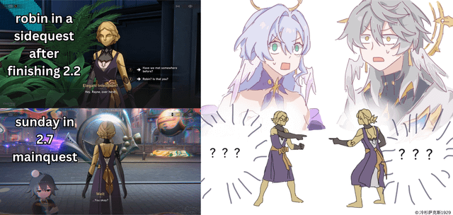 the image is a meme comparing the character robin's appearance in a genshin impact side quest after completing version 2.2 of the game, versus their appearance in the main quest of version 2.7.  the top half shows screenshots of robin's more detailed and elegant design in the side quest, while the bottom half shows a more simple, almost unfinished appearance in the main quest, alongside welt. the right side features fanart of two honkai: star rail characters reacting with surprised, confused expressions to these contrasting appearances.  the meme humorously highlights the apparent difference in character model quality between the two instances.