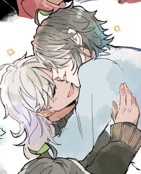 the image is a digital illustration of two anime characters hugging each other. they appear to be a couple, and they are smiling and looking into each other's eyes. the illustration is done in a manga style. the image has a sweet and romantic atmosphere.