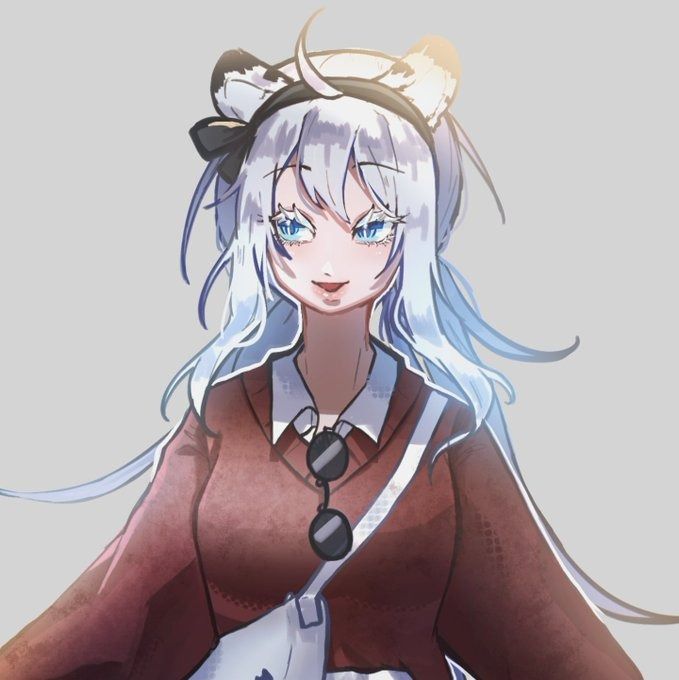the image is a digital drawing or painting of an animestyle girl. she has long, white hair with bangs styled in a way that suggests cat ears.  her eyes are bright blue, and she wears a maroon oversized sweater and a white shoulder bag. she's smiling, and the overall style is soft and cute. the background is a simple, light gray. the art style is relatively loose and painterly, not strictly defined lines.