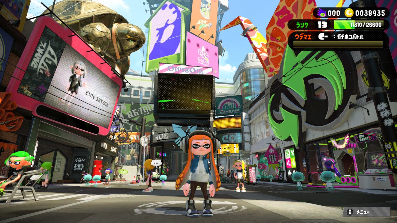 a splatoon character stands in the middle of a vibrant city square. shops with brightly colored signs and posters line the street. other inklings wander around in the background. the sun shines brightly, creating a cheerful and energetic atmosphere. the image is a screenshot from the splatoon video game, as indicated by the game ui elements at the top of the image.