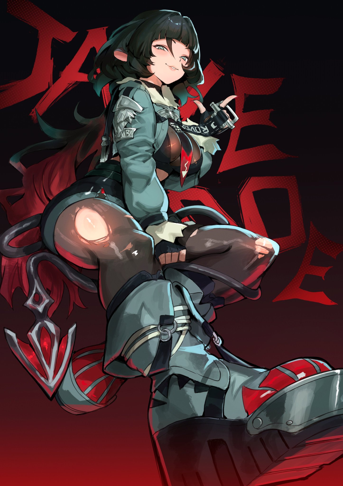an anime girl with long black hair and red eyes is wearing a blue jacket and black pants. she is holding a red and black weapon in her right hand. she is standing on a red and black platform. the background is a dark red color. she is looking to the side with a smile. the style is cyberpunk and futuristic with a hint of fantasy.