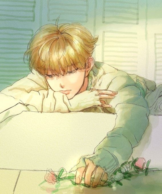 the image showcases a young man with blond hair, softly rendered in a painterly style. he leans against what seems like a bed, his gaze downcast and melancholic. his hand reaches towards a delicate spray of pink and white flowers resting on a surface before him. the color scheme uses a muted, pastel palette, emphasizing the overall mood of contemplation and perhaps a touch of sadness.