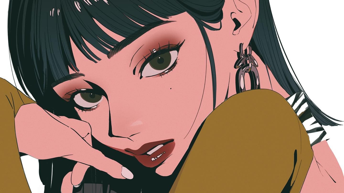 the image is a stylized digital illustration of a young woman's face and shoulders.  the art style is reminiscent of anime and manga, with bold lines, simplified shapes, and a focus on expressive eyes. the woman has dark, straight hair with blunt bangs that partially obscure her eyes.  she's wearing large hoop earrings, a mustardcolored top, and what appears to be a zebrastriped garment underneath.  her makeup is noticeable, featuring prominent eyes and lips. her hand rests near her face, partially obscuring it and creating a sense of intimacy. the overall color palette is muted, using earthy tones and dark accents. the style is modern but with hints of retro influences.