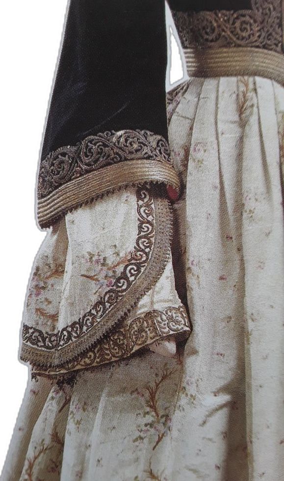 this image shows a part of a garment, featuring a black velvet sleeve with ornamental gold trim, a patterned fabric underlayer with a decorative edge, and a section of a dress with a floral design and pleated appearance.
