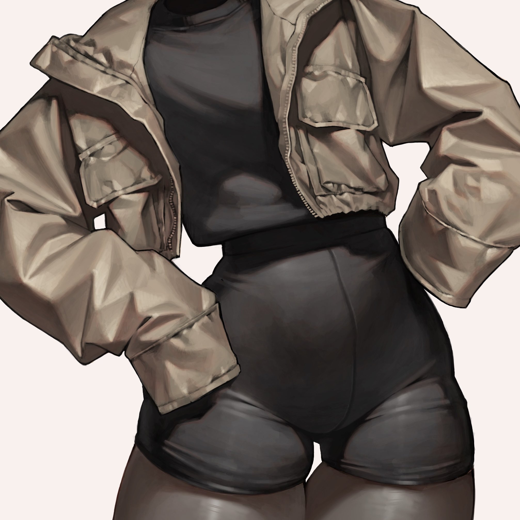 he image is a digital drawing of an animestyle woman. she is wearing a beige, cropped, oversized jacket and black shorts. her pose is relaxed, and her body is slightly turned to the side. the image is detailed, showcasing the texture of the clothing and the subtle shading on her body. the overall style is realistic, with a focus on fashion and clothing details.