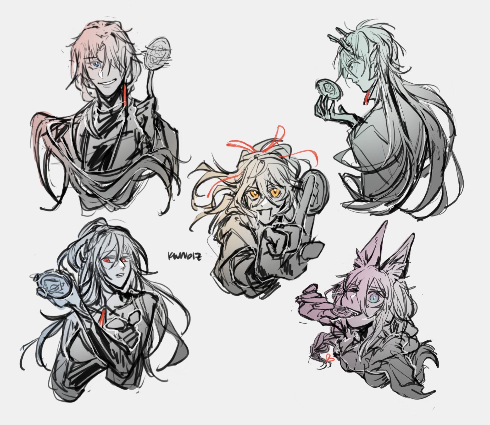 the image contains five sketches of anime/mangastyle characters. each character appears to be a young person with unique features. the characters are drawn in a dynamic pose with clear and expressive details. the sketches are done with black ink and gray shading, with some pops of color such as red in hair and clothing.