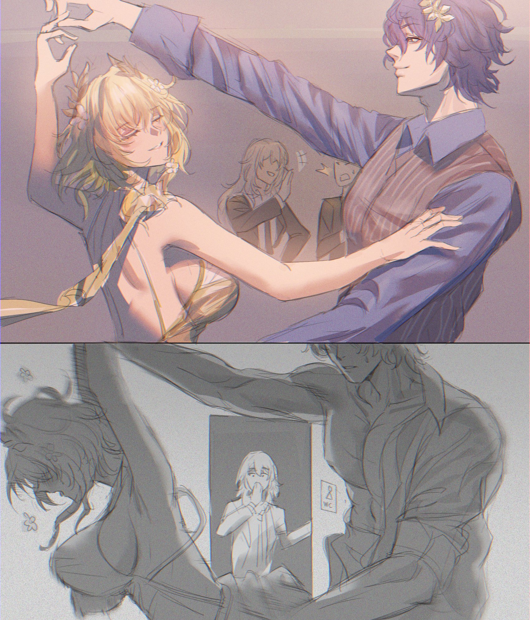 the image is a digital illustration, possibly fanart, depicting two distinct scenes.  the top half shows a vibrant, colored scene of a man and woman ballroom dancing. the woman has blonde hair and a yellow dress, and the man has purple hair and is dressed in a blue suit with a vest. in the background, other characters watch. the bottom half of the image is a grayscale sketch. it seems to depict the same blonde woman in a more informal setting being held by a different man, this time more roughly, and there’s a character watching from a restroom. the contrast between the polished top and rougher bottom suggests a process of art creation or perhaps a narrative shift. the style is anime or mangainspired, with soft lines and pastel colors in the finished piece.