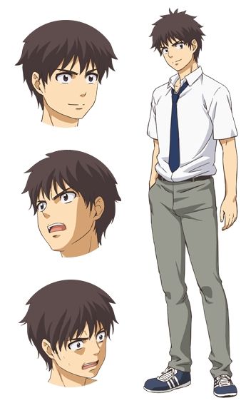this image is a digital illustration of an anime character. it is a fullbody shot of the character, a boy wearing a white shirt with a blue tie and grey pants. the illustration includes multiple closeups of the character's face showcasing different expressions.