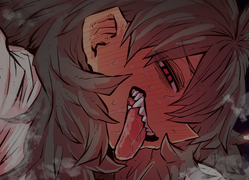 a closeup shot of a female anime character with long brown hair and red eyes. she has fangs and a long, red tongue sticking out. her expression is intense and she is drooling. the character's skin is a dark reddish color, with lines of blush on her cheeks. there is a white shirt in the background, with some fog or smoke around the character.