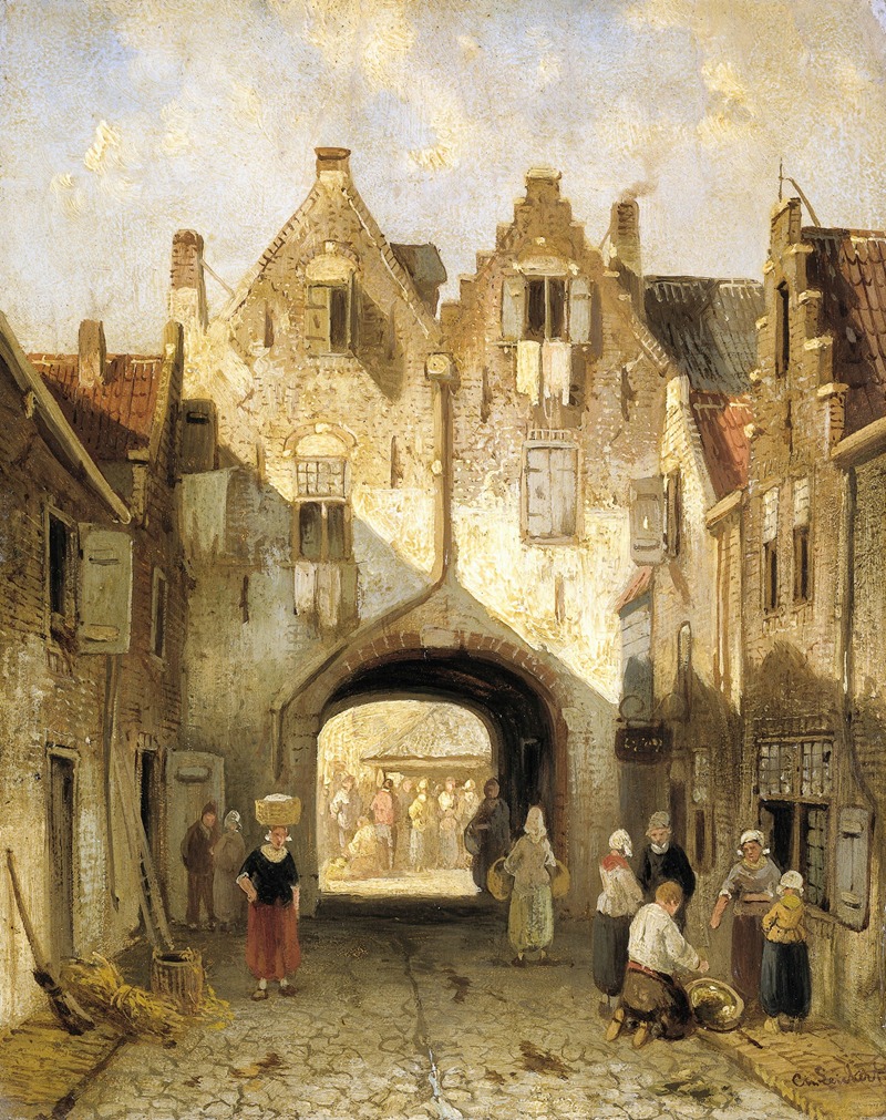 the image is a painting depicting a bustling street scene in a european city. a large city gate frames a lively market with a crowd of people. various figures are visible, including women carrying baskets, children, vendors, and other townspeople. the buildings are old and made of brick with distinctive architectural details such as chimneys, doors, windows, and rooftops. light and shadows play across the scene, highlighting the cobblestone street and the faces of the individuals. the image captures the vibrant atmosphere of a historic marketplace.