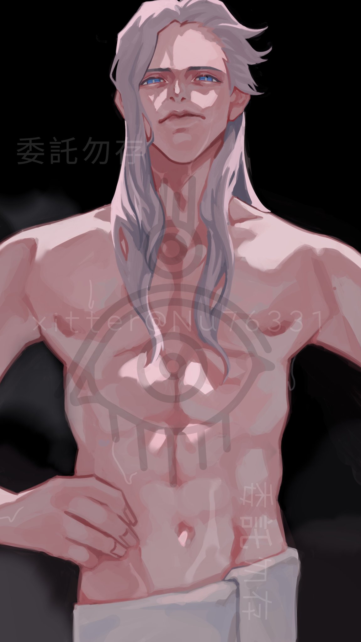 this is a digital illustration of a shirtless anime man with white hair and blue eyes. he has a sixpack and tattoos on his chest and abs. there are some chinese or japanese characters written on his body. the background is black.