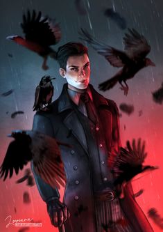 a digital illustration of a young man standing amidst a flurry of black crows in the rain. he has dark hair, pale skin, and is wearing a dark gray trench coat over a red vest and black shirt. the overall tone of the image is dark and dramatic, with red accents in the background and on the man's clothing. the crows and the rain contribute to the gothic and slightly eerie atmosphere.