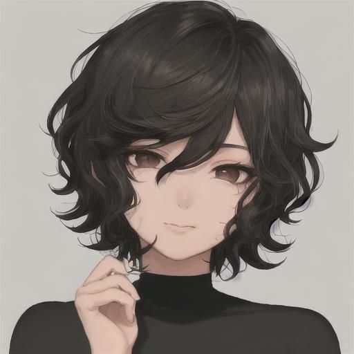 the image is a closeup digital illustration of an animestyle girl. she has short, dark curly hair that frames her face, which has soft features, brown eyes, and a subtle, calm smile. she is wearing a darkcolored turtleneck. the style is soft, and the overall mood is peaceful and serene. the background is a simple, light grey. the art style is reminiscent of modern anime or manga illustrations.