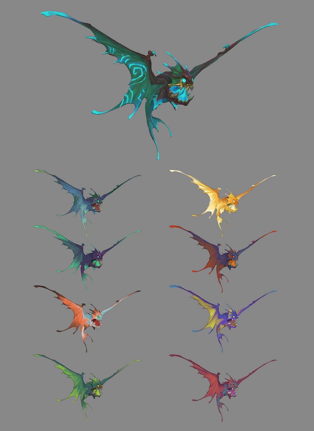 the image showcases a series of digital paintings depicting a fantasy dragonlike creature in various colors.  the main image displays the creature in a tealblue hue with dark brown body parts. below are several variations of the creature, each rendered in different colors, including gold, purple, orange, red, and green. the style is stylized and cartoonish rather than realistic.  the creatures all share a similar design but are easily differentiated by their coloring. the background is a neutral gray, allowing the colorful dragons to stand out.