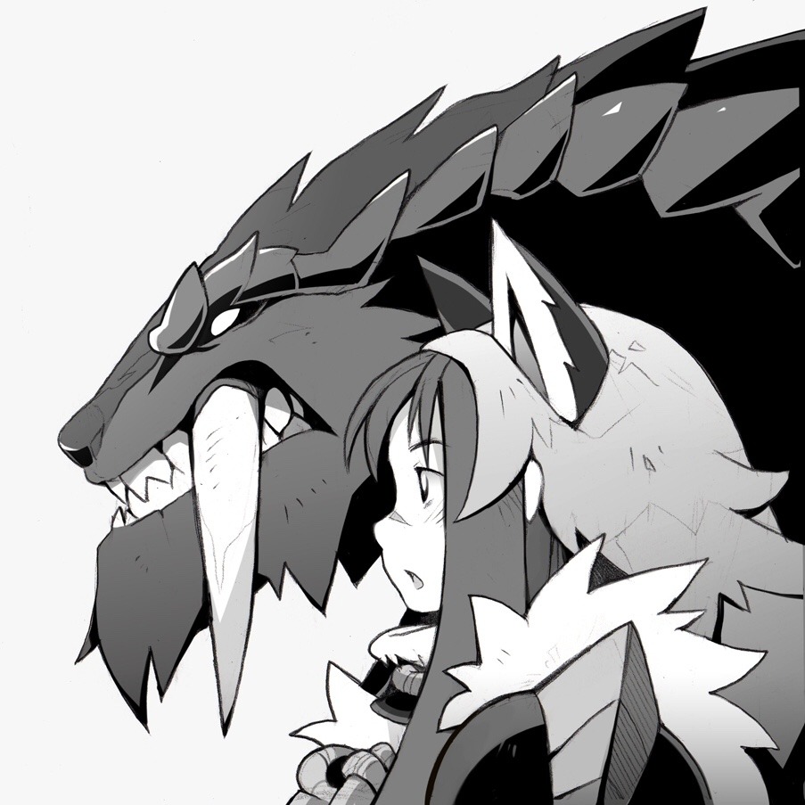 the image depicts a young woman, drawn in a manga style, standing in front of a large, wolflike monster. the monster is shown in profile, with its head turned slightly towards the viewer, showcasing its sharp teeth and armored hide. the woman appears small and almost fragile next to the creature, but her expression is calm and composed. she wears a furry hood and armor, hinting at a connection to the beast and a world of fantasy and adventure.