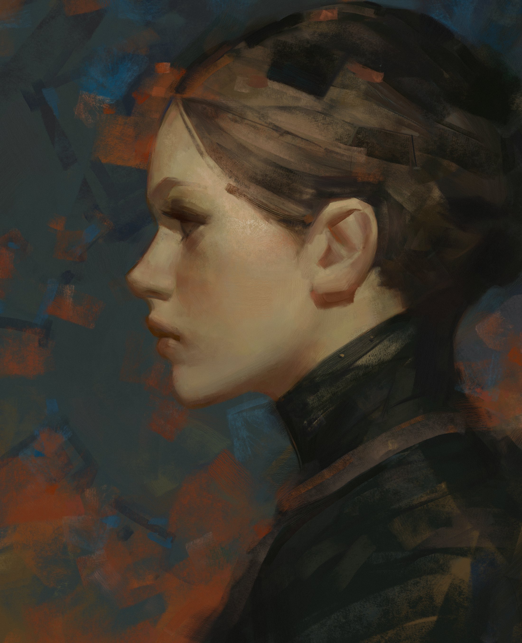 digital painting of a woman's side profile. the style is painterly and expressive, with visible brushstrokes and a textured background. the woman's hair is pulled back in a bun, and she is wearing dark clothing with a high collar. the overall mood is somber and mysterious. the background is an abstract blend of dark blues, oranges, and reds.