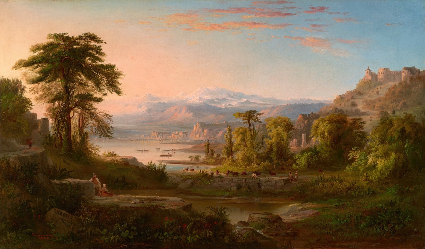 the image is a landscape painting depicting a scene with mountains, water, and trees. in the foreground, there's a rocky area with lush greenery, flowers, and a small pond. two people are sitting on a stone ledge on the left side of the painting. in the middle ground, there's a body of water with boats and a city in the distance. a line of cattle with people on foot are present too. snowcapped mountains are visible in the background. on the right side, there's a hill with a building or fortress on top, surrounded by trees. the sky is a mix of pink, orange, and blue, indicating a sunset. the overall scene is peaceful and idyllic, suggesting a pastoral setting.
