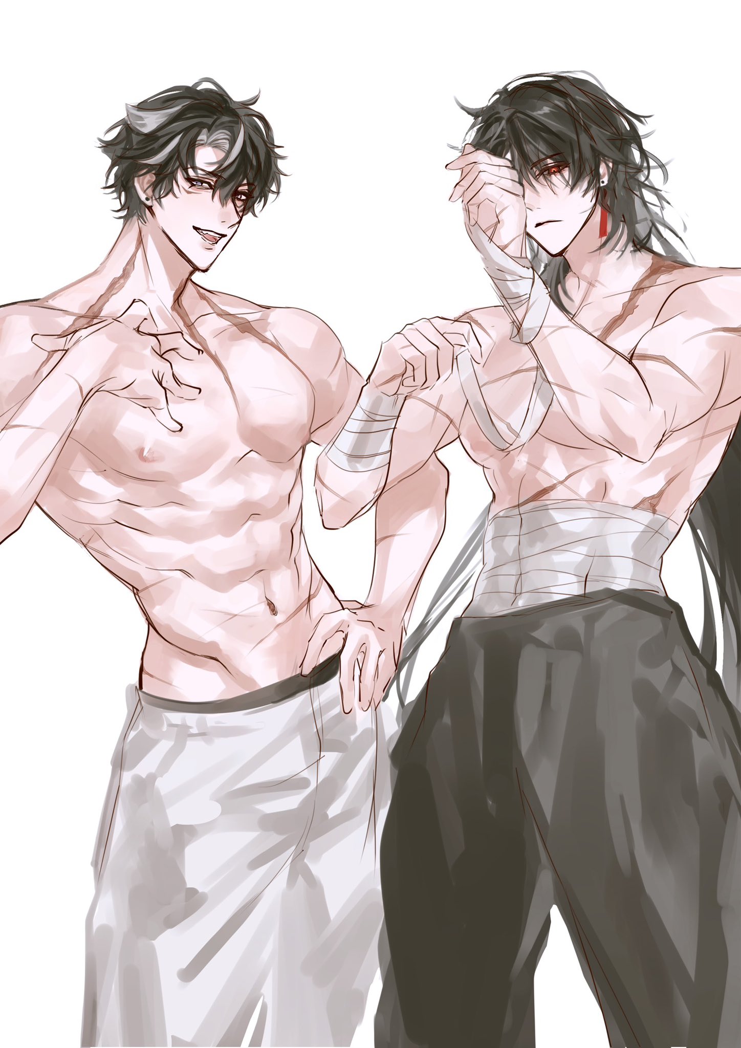 this is a digital drawing of two anime men. the man on the left is shirtless and has short black hair, his body is muscular and he is looking at the viewer with a smile, his left hand is on his chest and right hand on his hip. the man on the right also has black hair but it's longer, he's also shirtless, his body is also muscular, his left hand is on his face, and right hand is wrapping a bandage around his right arm.  both of them are wearing pants and are standing side by side.  the artwork has a soft, delicate style.