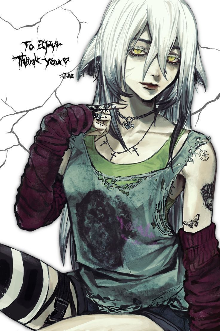 the image is a digital drawing of an animestyle girl. she has long, pale grey hair, pale skin, and is wearing a ripped green tank top, dark purple sleeves, striped stockings, and various accessories including a cross necklace. she has several tattoos visible on her arms and appears to have a grunge or edgy style. the background is white with black cracks. the text "to you thank you" is written in stylized lettering in the upper left corner, with some japanese text below it. the overall style is dark and slightly gothic.