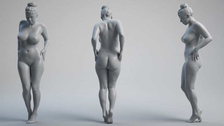 the image showcases a threedimensional digital sculpture of a nude woman in three different poses. the sculpture is rendered in a smooth, gray material, reminiscent of clay or plaster. each pose presents a slightly different angle of the female form, highlighting its curves and musculature. the backdrop is a neutral, light gray, focusing attention solely on the sculptural form.