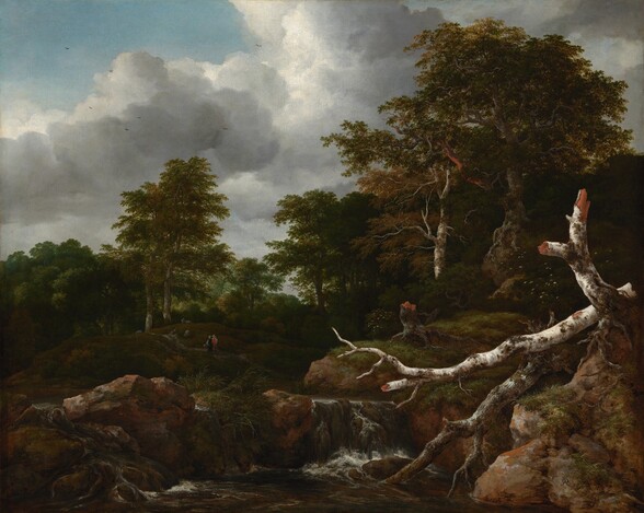 the image is a painting of a lush landscape. it depicts a river cascading over rocks, forming a small waterfall. dense trees cover much of the scene, with a thick forest in the background. the sky is filled with dramatic clouds. in the center of the scene, on a small hill, two people are visible. a large, old, fallen tree with broken branches dominates the foreground.