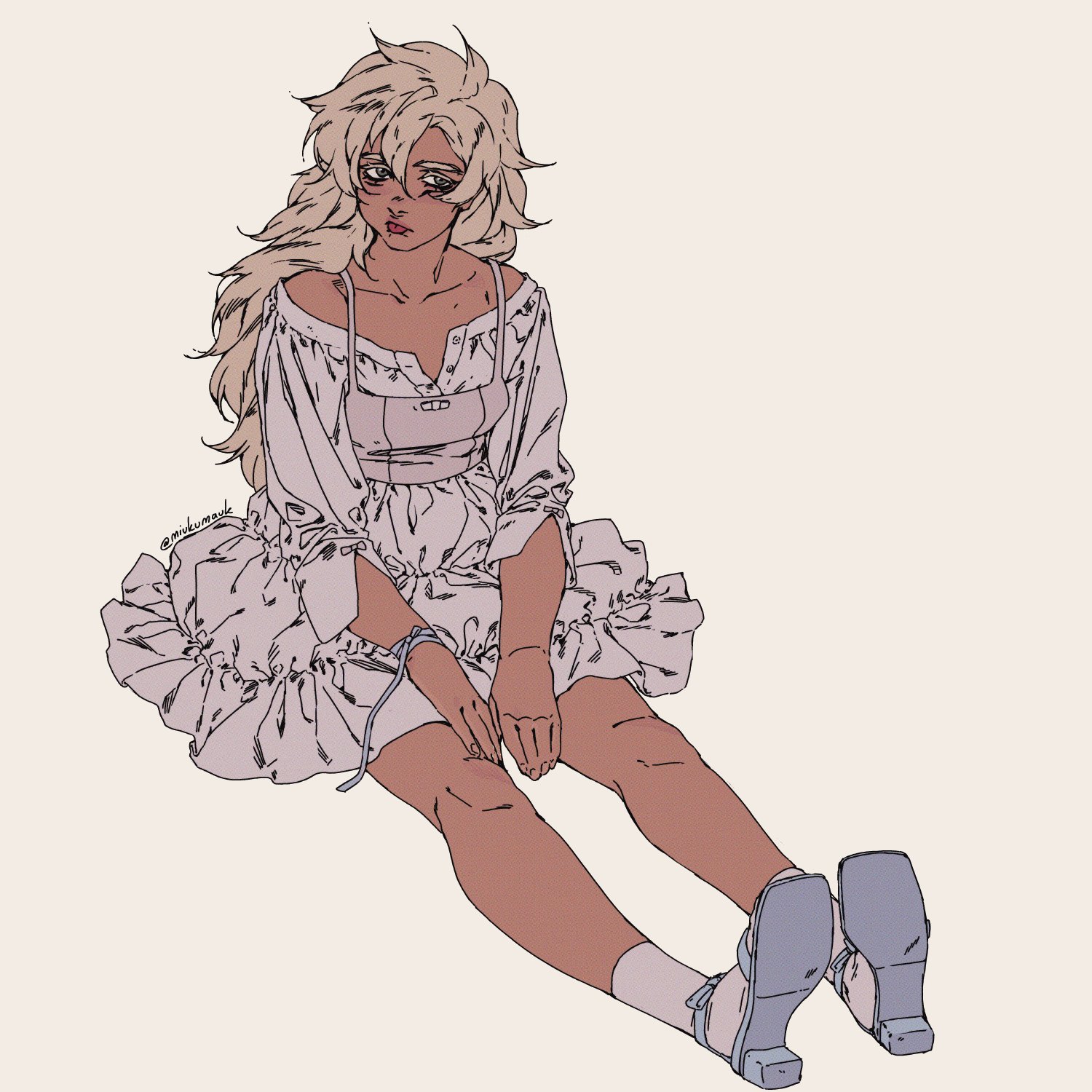a digital illustration of an anime girl with long blonde hair, wearing glasses, a white dress, and shoes. she is sitting with her legs crossed. the girl is drawn in a cartoon style with soft features and a dreamy expression. the background is a simple white with a light brown tint.