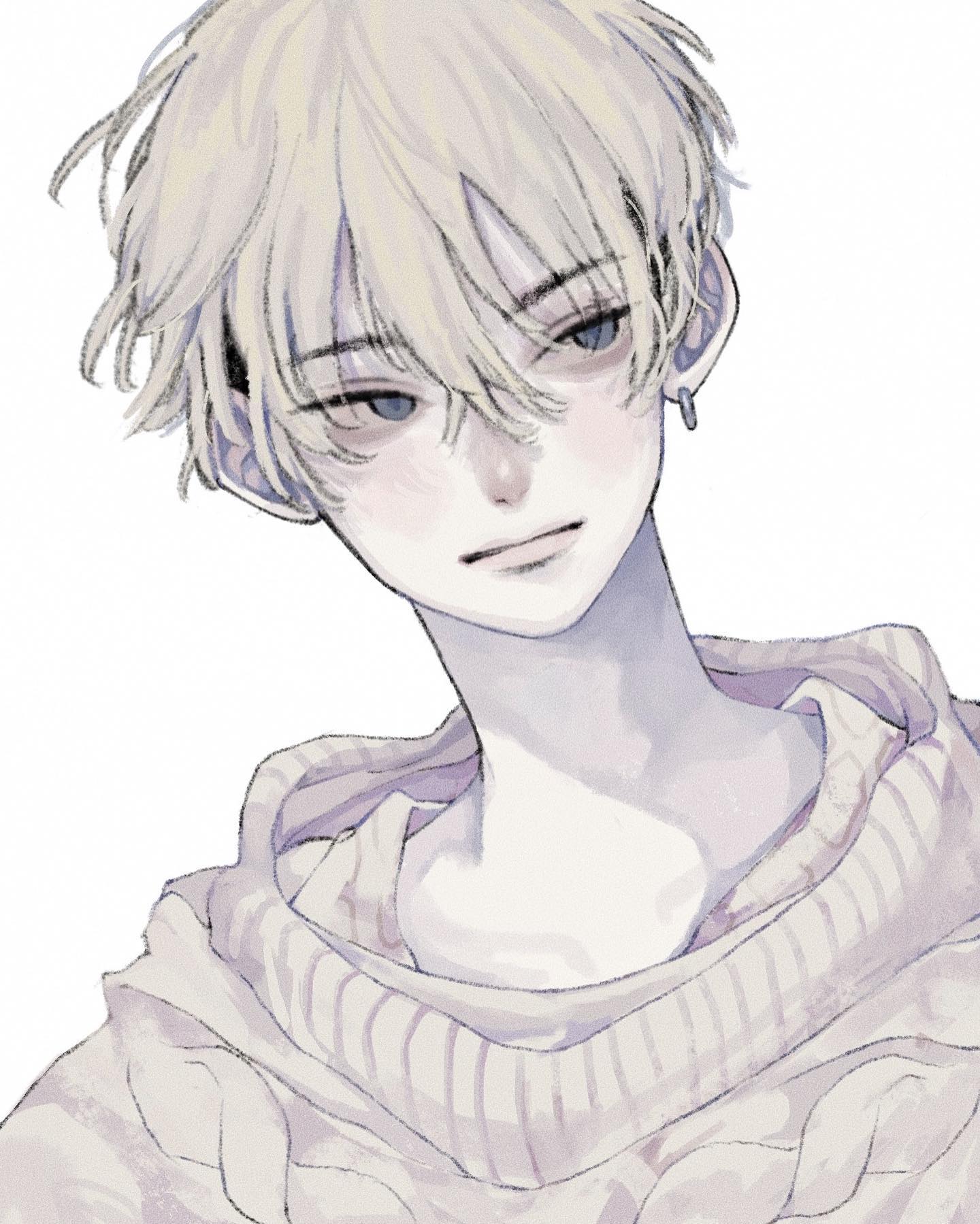 the image is a closeup digital drawing or illustration of an animestyle boy. he has pale skin, short, light blonde hair that partially obscures his forehead, and he's wearing a lightcolored, ribbed turtleneck sweater. his expression is soft and gentle, almost melancholic.  the art style is characterized by soft, muted pastel colors and delicate lines, giving a dreamy and ethereal feel. the overall color palette is predominantly light grays, whites, and pale purples. a small earring is visible in his left ear. the background is plain white, focusing attention solely on the subject. the style is reminiscent of modern anime and manga illustrations, emphasizing soft features and a slightly melancholic mood.