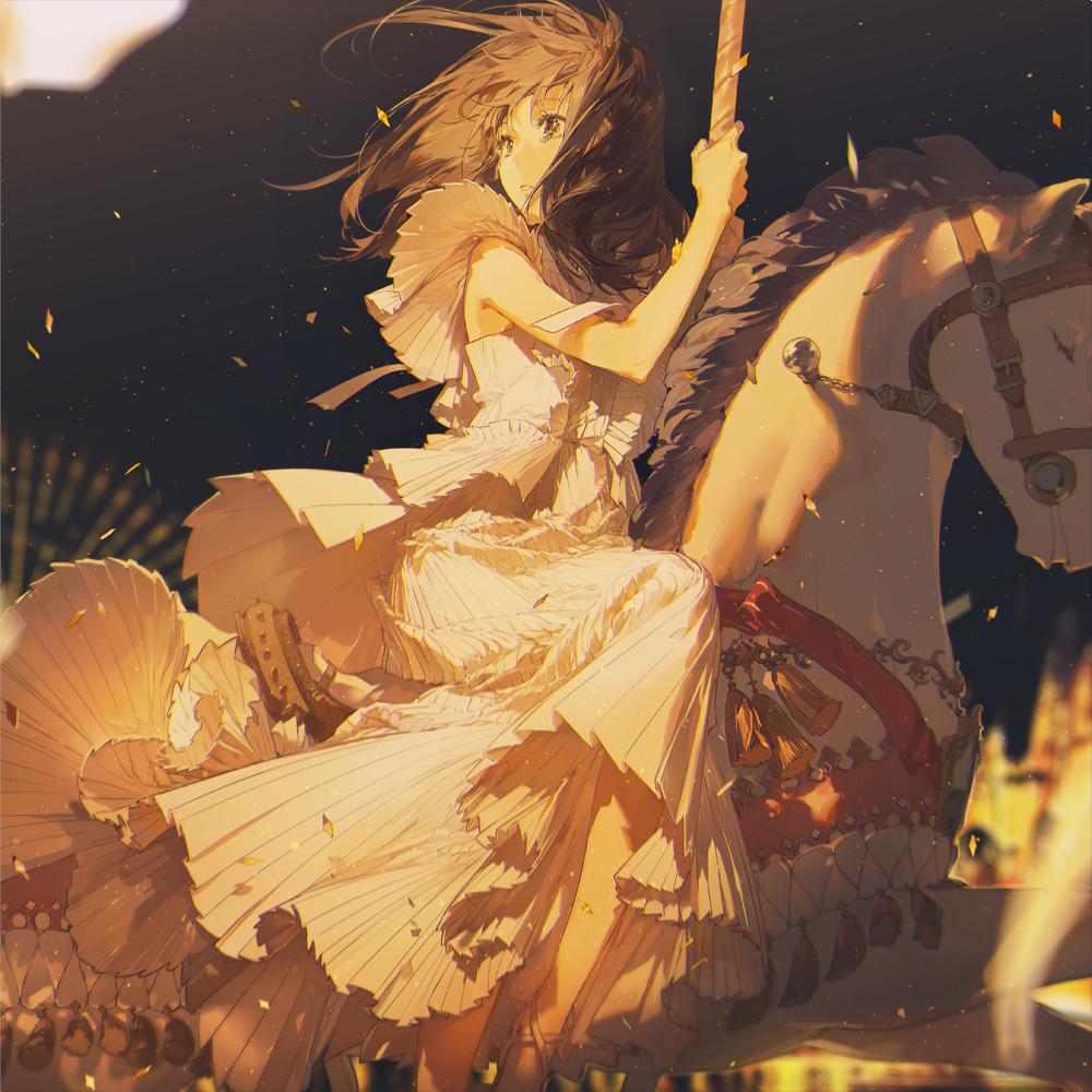 an animestyle illustration shows a girl with long brown hair riding a carousel horse. she is wearing a white frilly dress. the carousel horse is also white and decorated, and the background appears to be a fairground at night. she is holding onto the carousel pole.