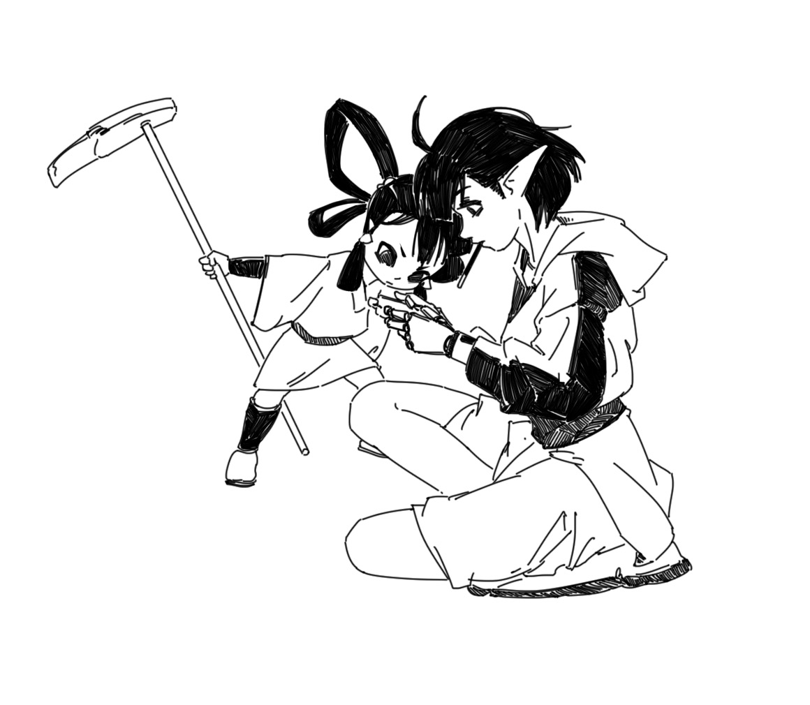 he image is a black and white sketch or drawing in an anime/manga style. it depicts two young characters: a girl, who appears younger and is holding a hoelike tool, and a taller figure possibly a boy or young man. the boy is sitting while the girl seems to be crouching.  they appear to be interacting closely, perhaps examining or sharing something between them. the style is loose and expressive, with visible lines and shading. the overall mood is intimate and focused.