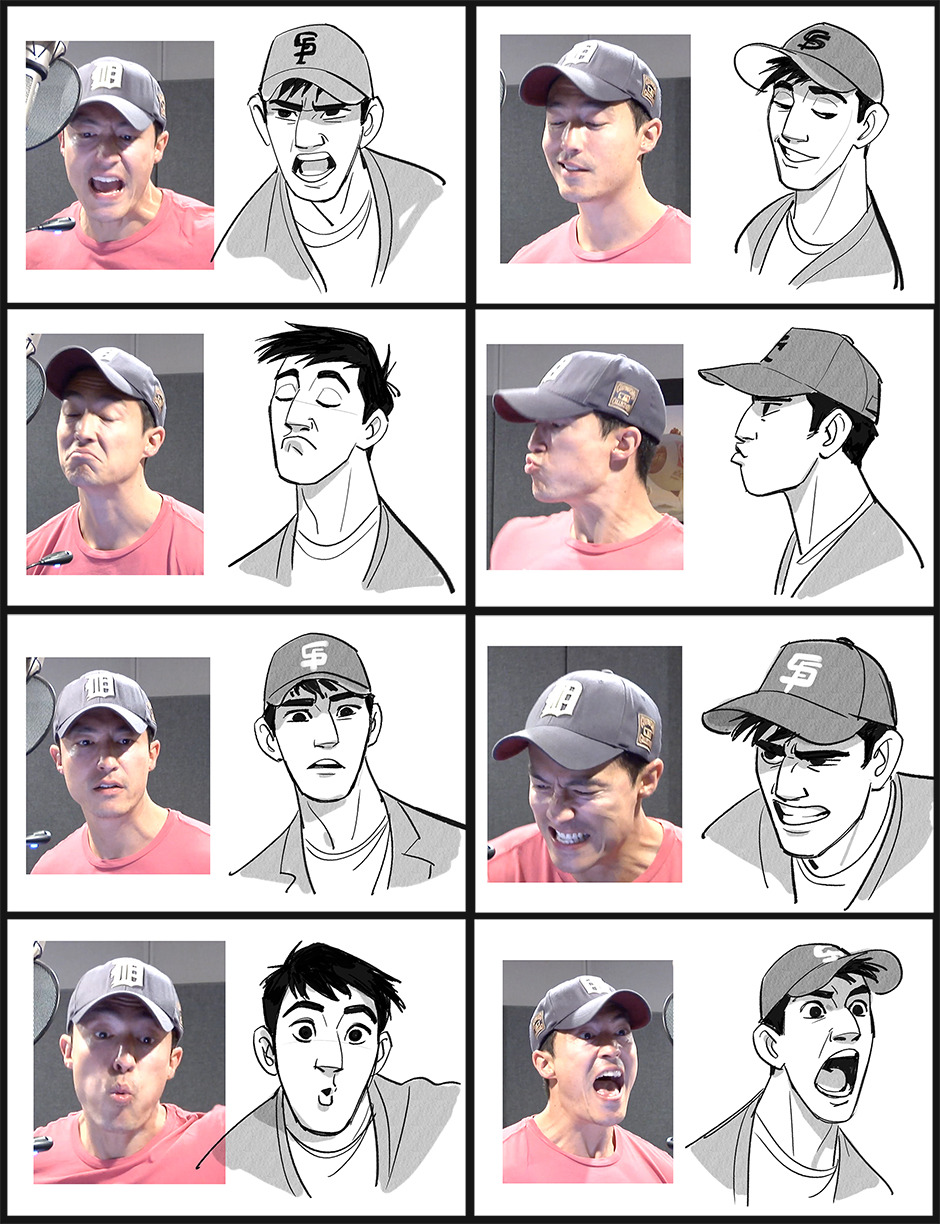 the image is a set of animated sketches of a man's face while he's acting. each sketch is accompanied by a photo of the man in real life while he's acting, making it a visual reference. the image is a collection of 12 images, and each of them is paired up, the image on the left is a photo of the man while acting, and the image on the right is the animated sketch of that pose. the man is wearing a baseball cap. the image is created in color pencil, using a variety of colors.
