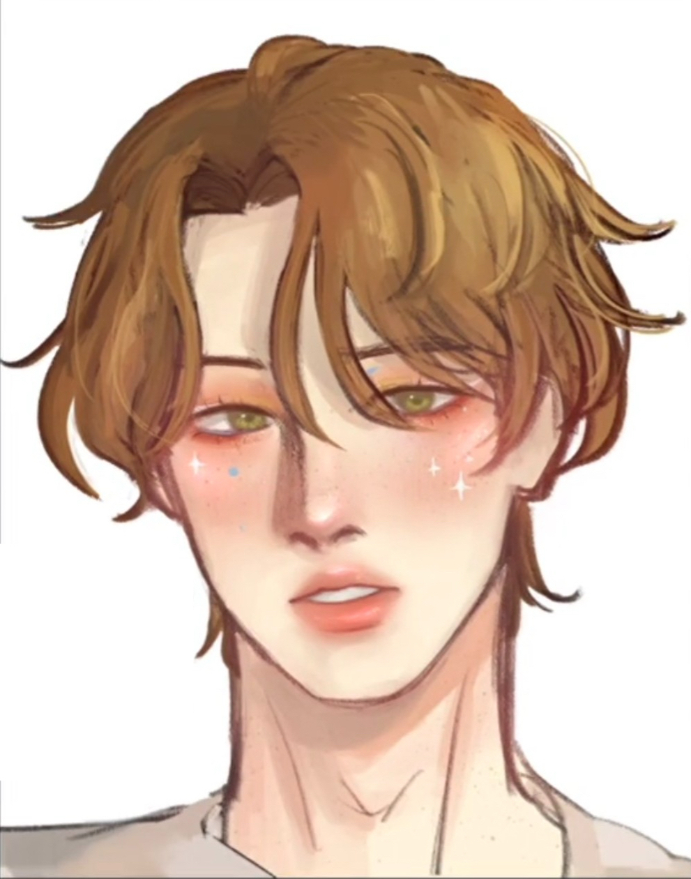 a digital drawing of a young man from the shoulders up.  he is depicted with stylized, shiny blush on his cheeks and nose, and under his eyes.  the man is facing forward and has a neutral expression. his hair is medium brown, and his eyes are hazelgreen. he is wearing a white shirt. the overall style of the art is soft and delicate.