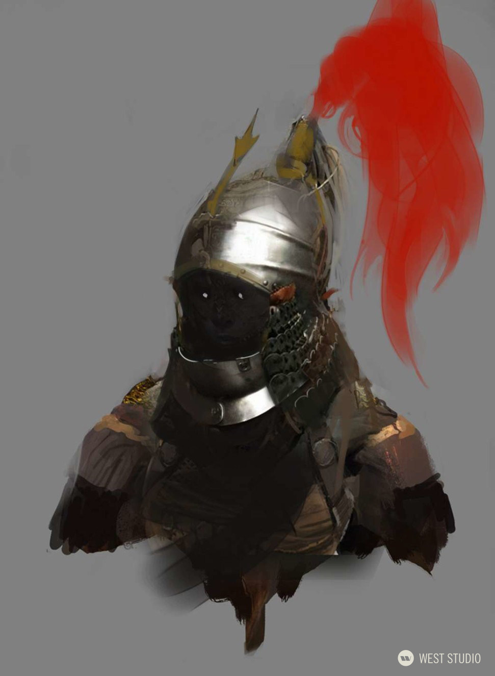 the image is a digital painting of a warrior's head and shoulders. the warrior wears elaborate metal armor with a red plume on the helmet. the face is obscured by the helmet's visor, adding to the air of mystery. the overall color scheme is muted, with a focus on grays, browns, and the pop of red from the plume. the style of the painting is loose and painterly, with visible brushstrokes. the focus of the image is on the intricate details of the armor and the warrior's powerful presence.
