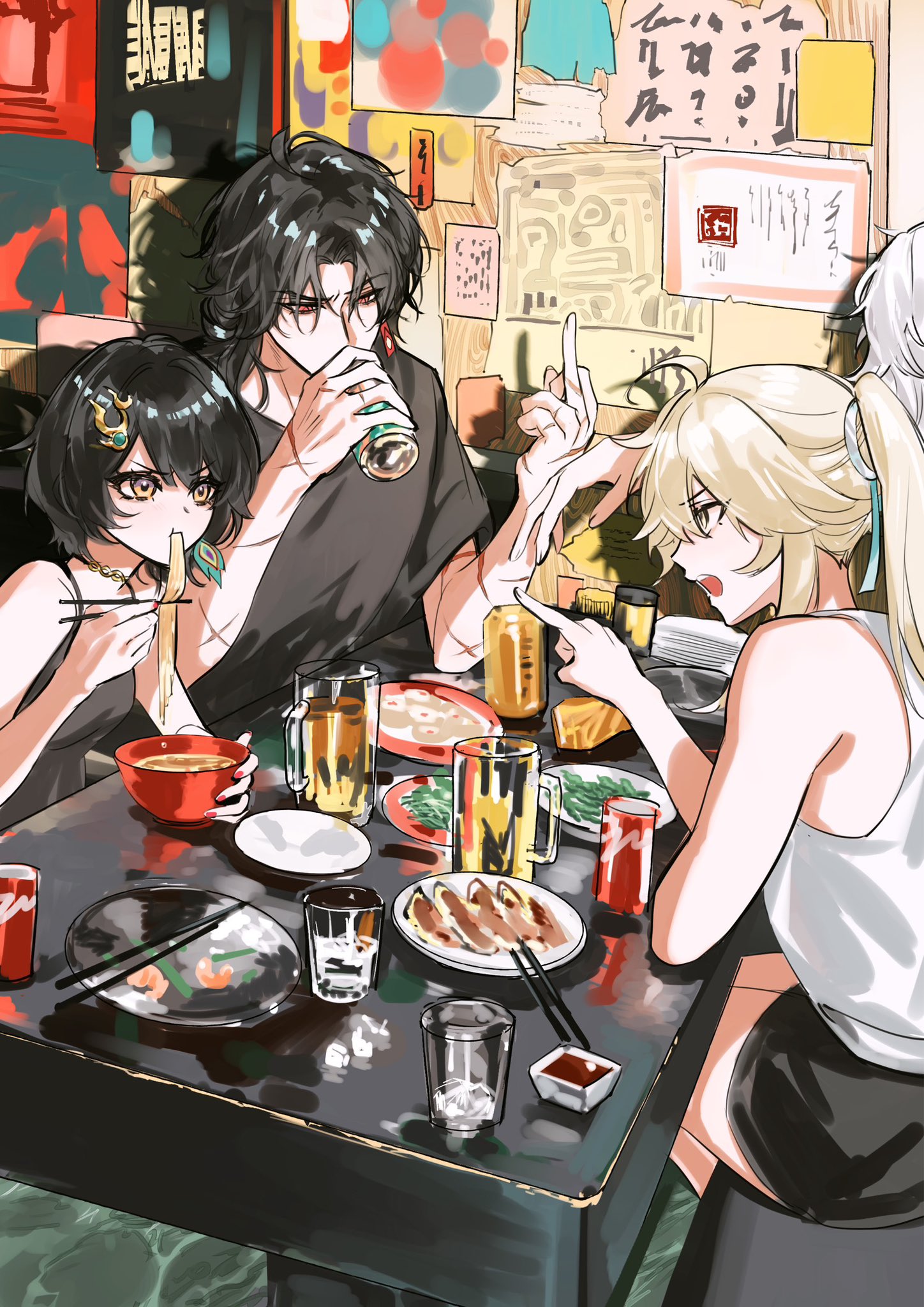 the image is an animestyle illustration of three friends having dinner at a restaurant. two girls are sitting at the table and a man is standing behind them. the girls are both eating ramen with chopsticks. the man is drinking from a can. there is beer in glasses on the table, as well as other dishes like fried dumplings and side dishes. the restaurant has a casual, urban vibe with a view of the street and graffiti on the walls. the friends are talking and smiling, enjoying each other's company.