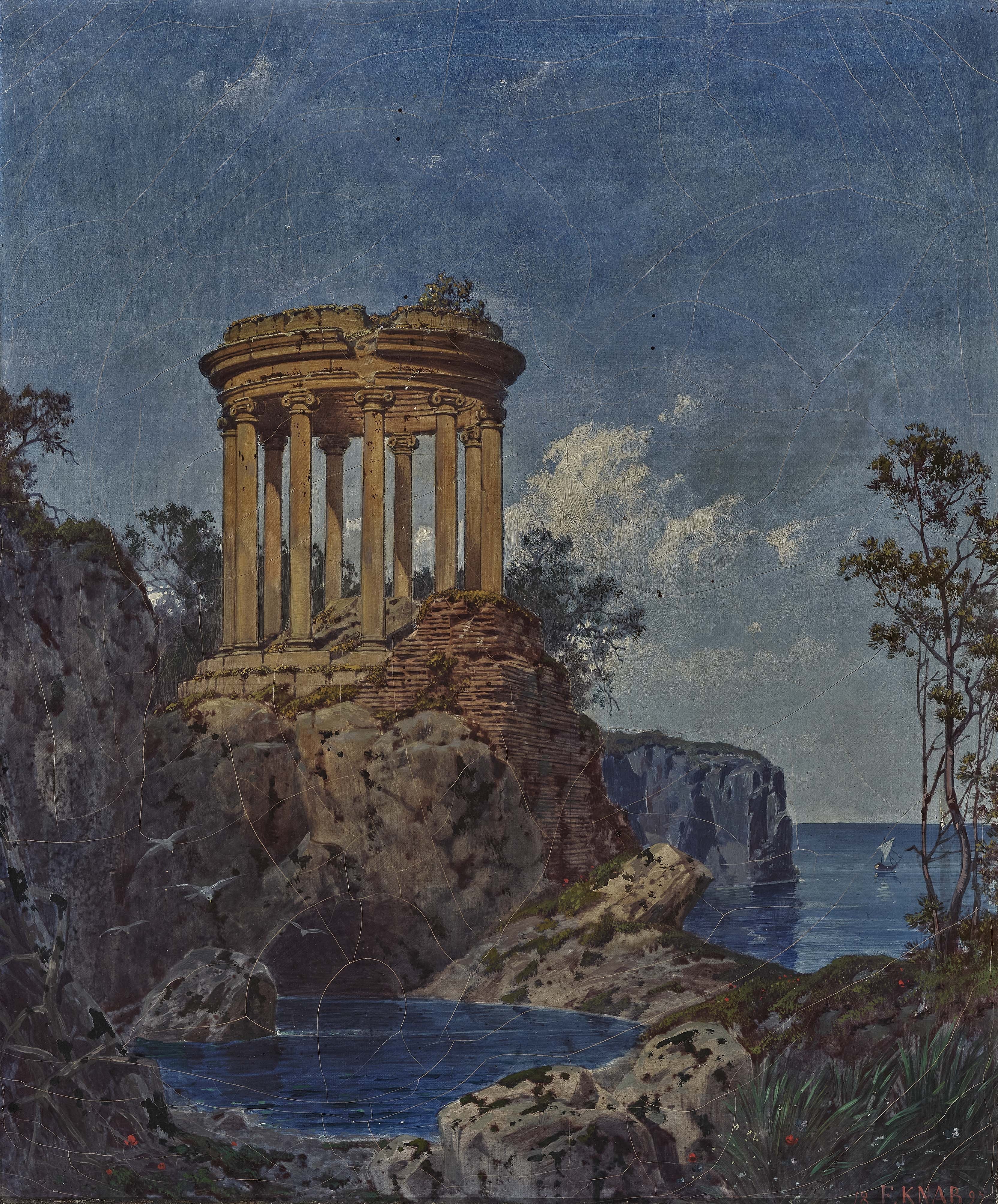 the painting depicts an idealized view of a ruined classical temple perched atop a rocky outcropping overlooking a tranquil sea. the scene is bathed in a warm, almost melancholic light, suggestive of a bygone era. the temple, though partially in ruins, still retains an air of grandeur and serenity, its corinthian columns standing tall against the backdrop of the azure sky. the sea is calm and inviting, with a lone sailboat visible in the distance, adding a touch of life to the otherwise desolate landscape. lush vegetation clings to the rocks, providing a splash of color and a sense of resilience in the face of time and decay.