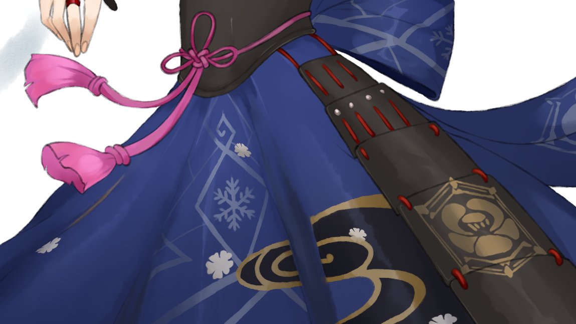 a closeup shot of an anime girl wearing a blue kimono with pink accents and gold trim. she has a red and black belt with a large gold flower emblem on it. the kimono is patterned with snowflakes and other geometric designs. the girl has long, dark hair and is wearing a white scarf. the image is drawn in a stylized anime style.