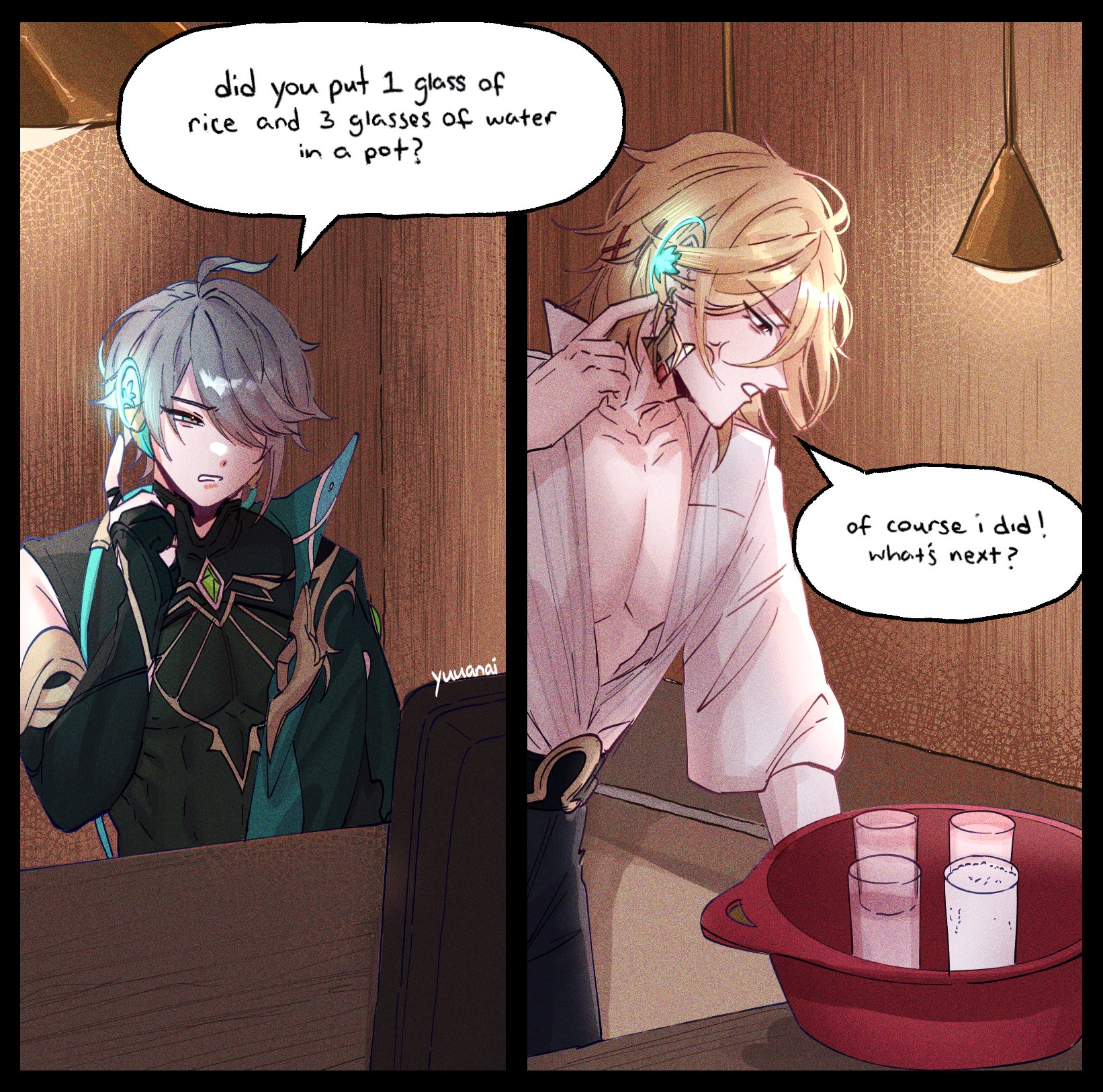 the image shows two anime boys. the boy on the left side of the image has blue hair and green eyes, while the boy on the right side of the image has blonde hair and blue eyes. the boy on the left is wearing a black, white, and green outfit, while the boy on the right is wearing a white shirt and black pants. the boy on the left is looking at the boy on the right with a questioning expression, while the boy on the right is looking at the boy on the left and smiling. the boy on the right is holding a red bowl with three glasses of water in it. the boy on the right is wearing a green and blue earring, while the boy on the left is wearing a blue earring. the boys appear to be in a kitchen. the boy on the right is holding a red bowl, and there is a question mark above his head. the text in the speech bubble next to the boy on the left says "did you put 1 glass of rice and 3 glasses of water in a pot?". the text in the speech bubble next to the boy on the right says "of course i did! what's next?".