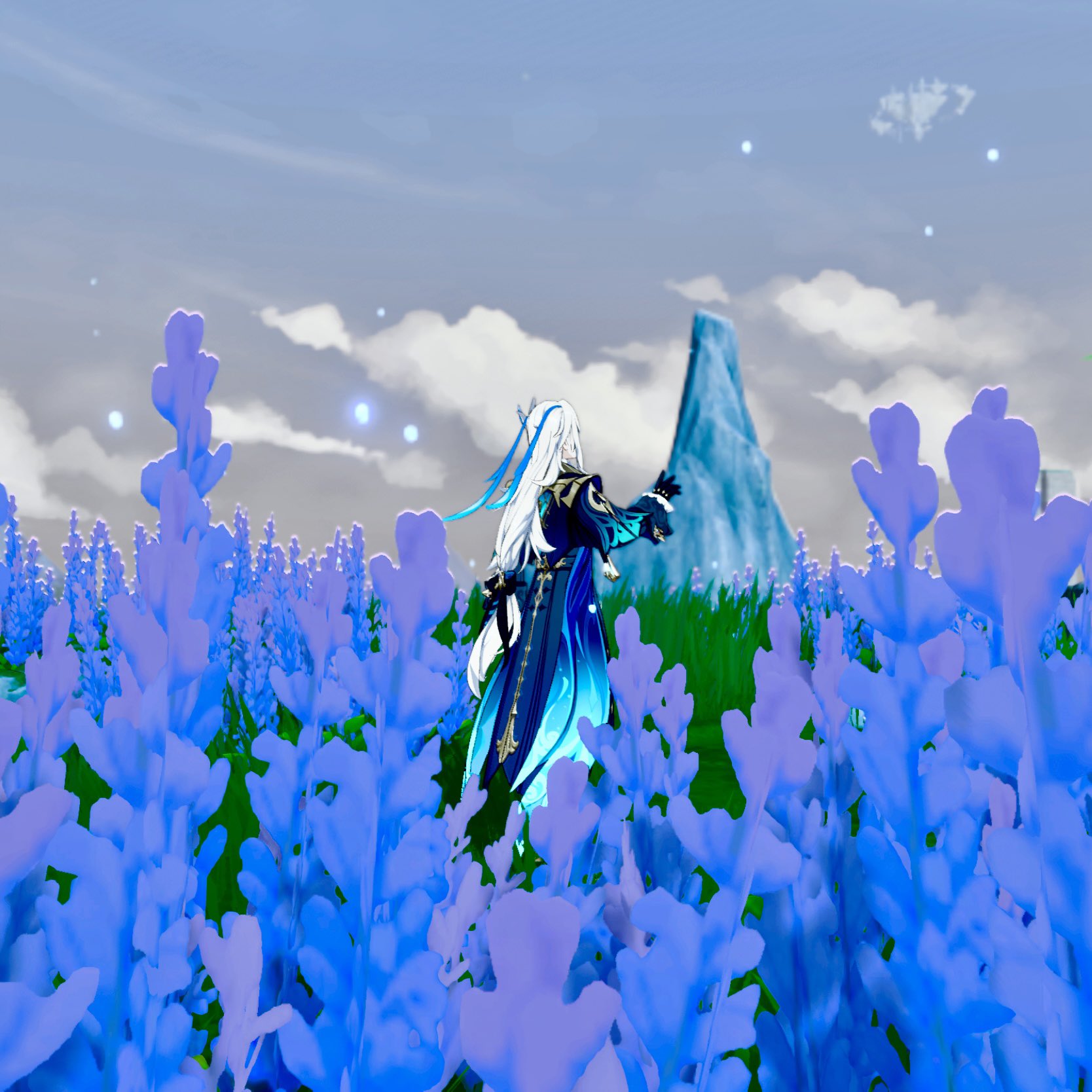 this is a screenshot from the video game genshin impact.  it depicts the character ayaka kamisato standing in a field of vibrant blue flowers, with a large icy mountain in the background. the sky is a light blue with fluffy white clouds. the overall scene is peaceful, serene and fantastical. the image has a slightly stylized, almost painterly quality to it.