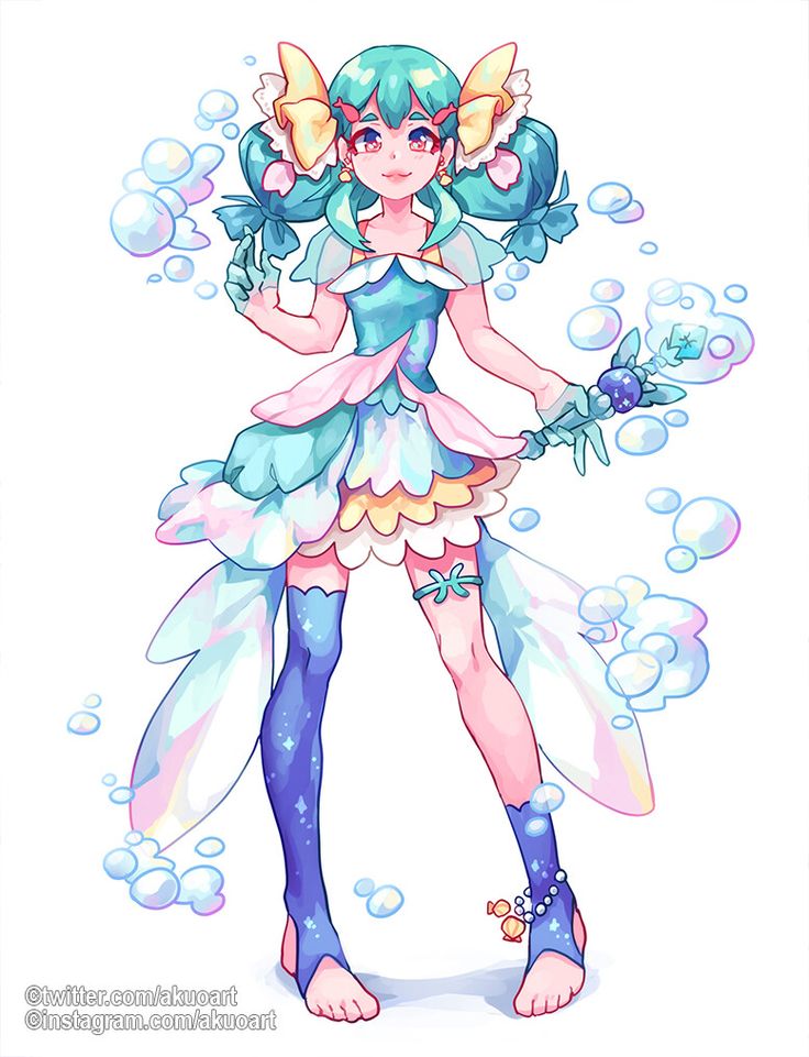 this is a digital illustration of a magical girl. she has long blue hair with yellow bows. she is wearing a blue and pink dress with a yellow flower design. she is holding a magic wand and has a small blue star on her leg. there are blue and white bubbles surrounding her. her wings are made of iridescent feathers. the overall vibe of the image is very magical and whimsical.