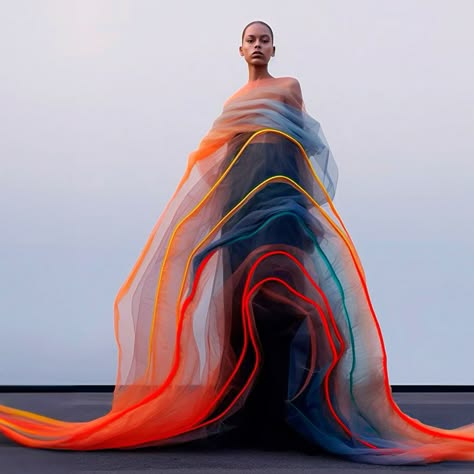 a fashion model in a dramatic, colorful sheer dress stands on a runway. the dress is made of layers of tulle with stripes of orange, yellow, and blue. the model is posed in a standing position with one leg slightly in front of the other. she is looking straight ahead with an expressionless face. the background is a plain white wall. the dress is very intricate and detailed. the stripes are not straight, but rather wavy and curved. the model's hair is styled in a simple way, which allows the dress to be the focal point of the image. the overall effect is one of elegance and sophistication.